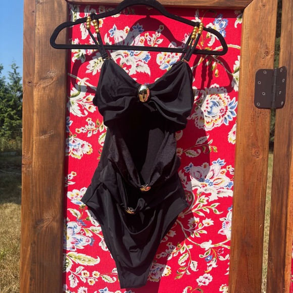 Other - Black + Gold Embellished Removable Strap One Piece Swimsuit Women's Size M